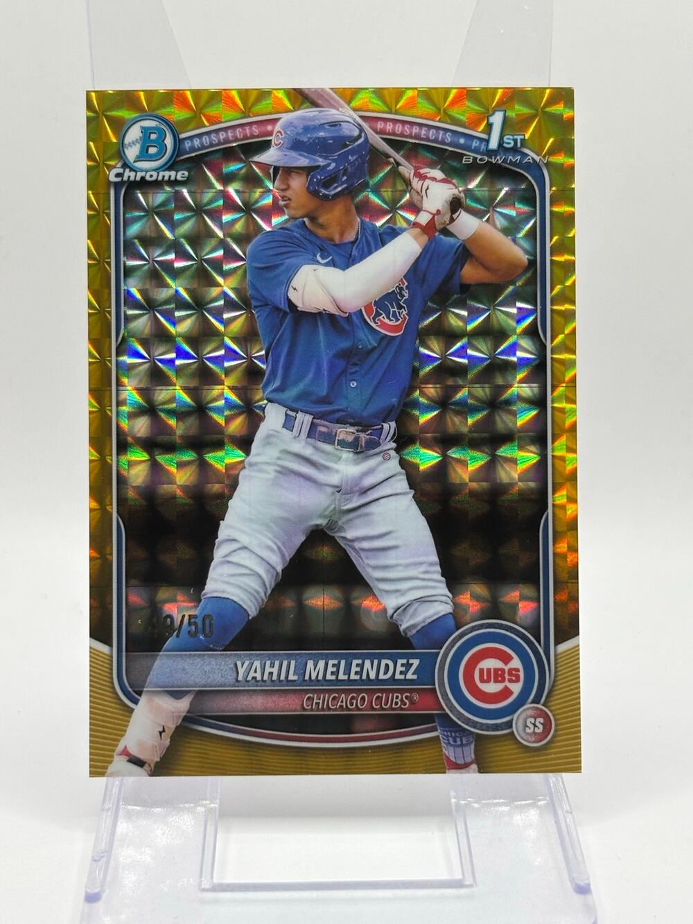 2025 Bowman Chrome Yahil Melendez 1st Gold Geometric Refractor 49/50 SP Cubs